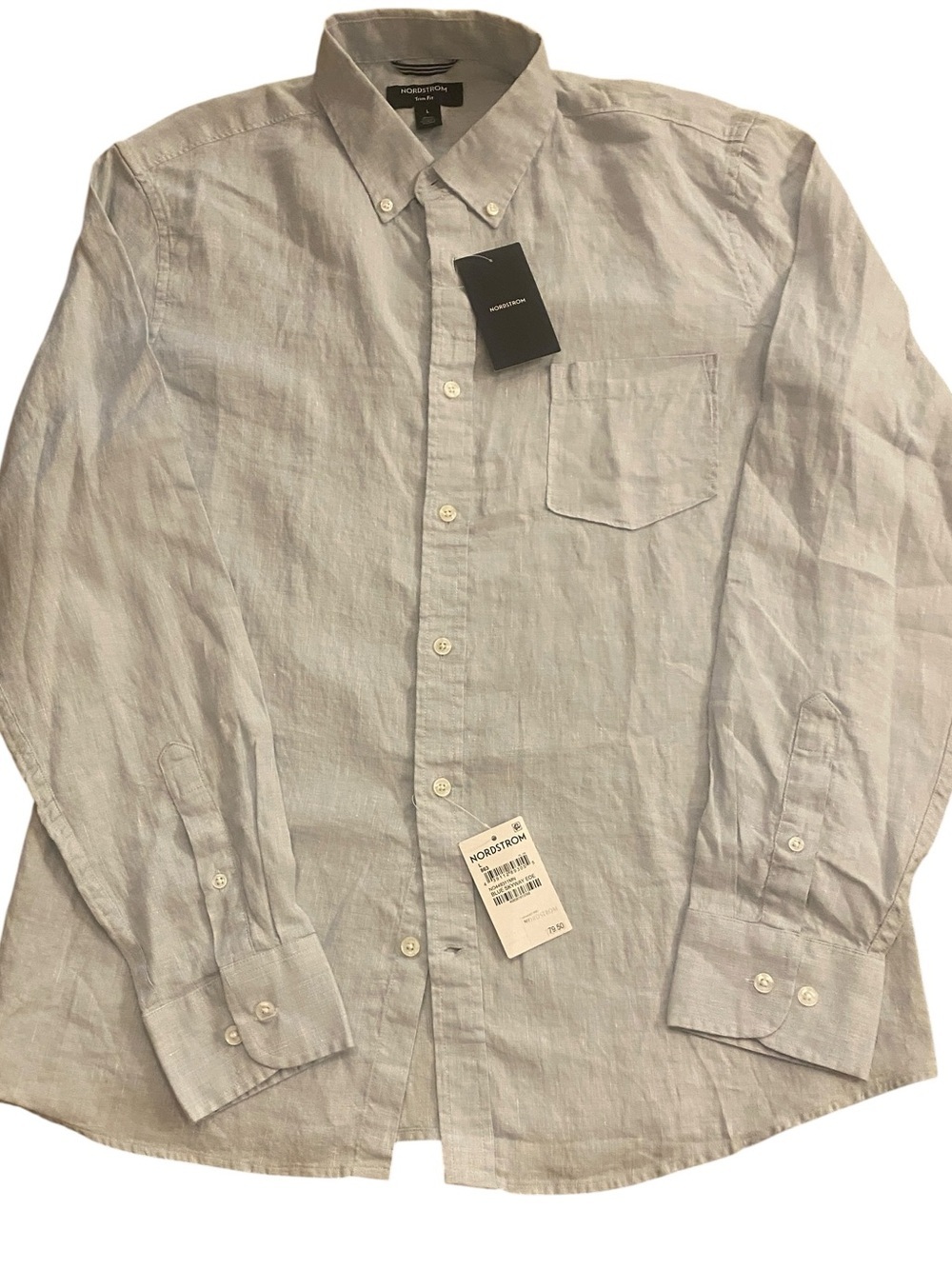 Nordstrom Men’s Linen Light Blue Button Down Shirt Trim Fit Roomy Sleeve Large